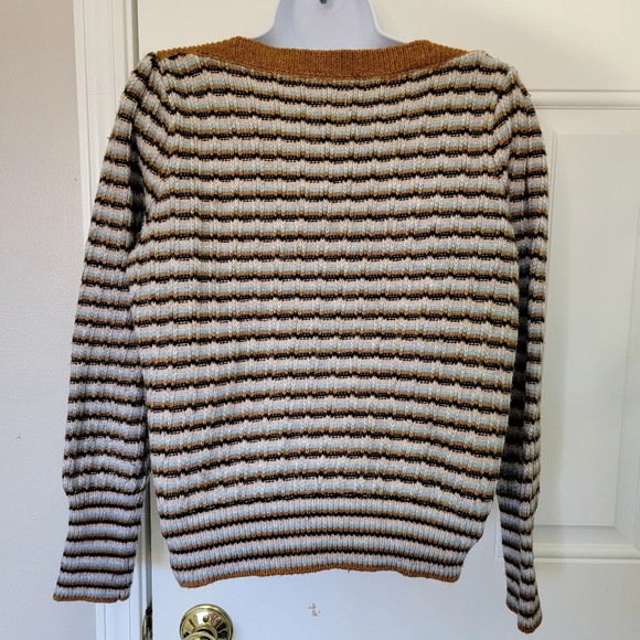 Nine West Cropped Striped Blue Tan Cream Boat Neck Sweater Fall Winter Size M - Picture 5 of 10